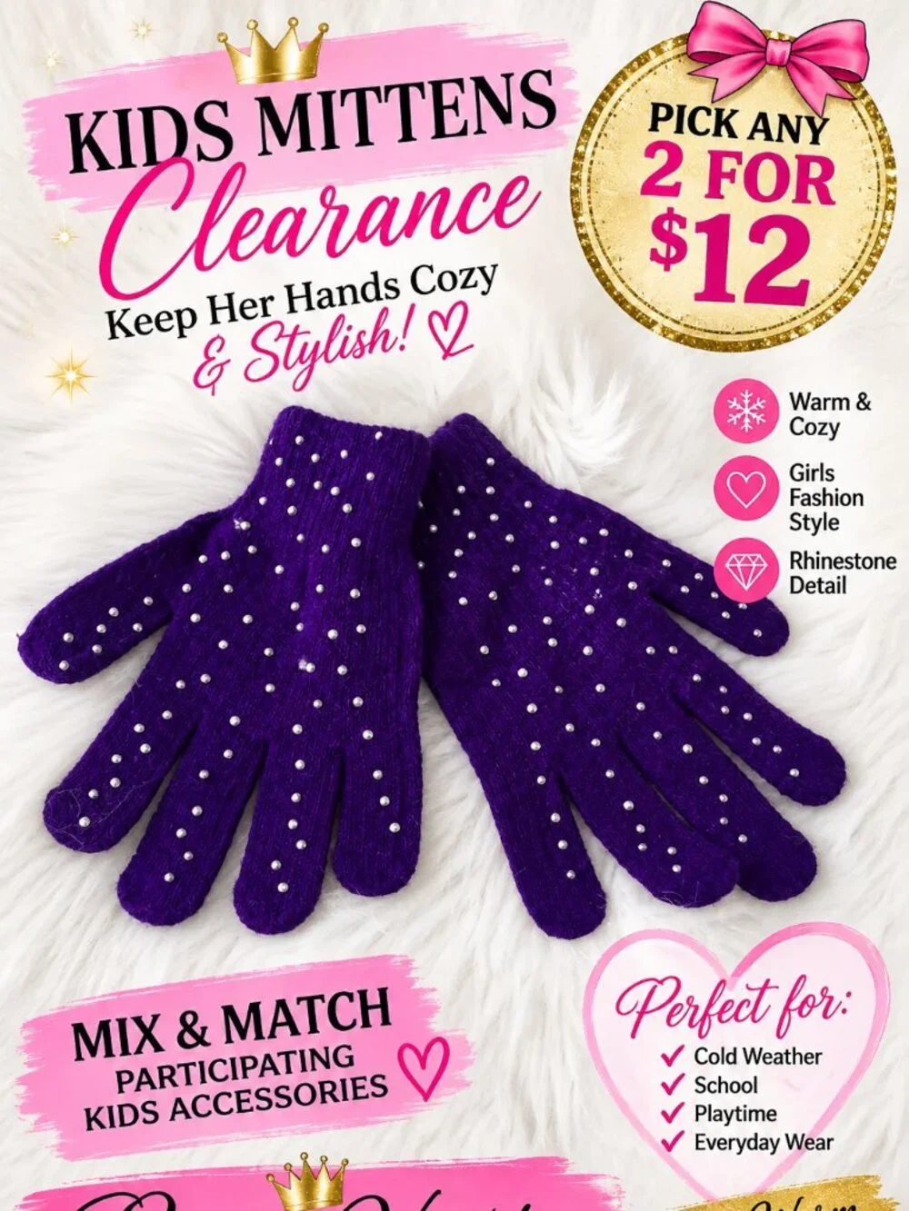 2/$12 Girls Purple Rhinestone Knit Mittens | Kids Winter Gloves